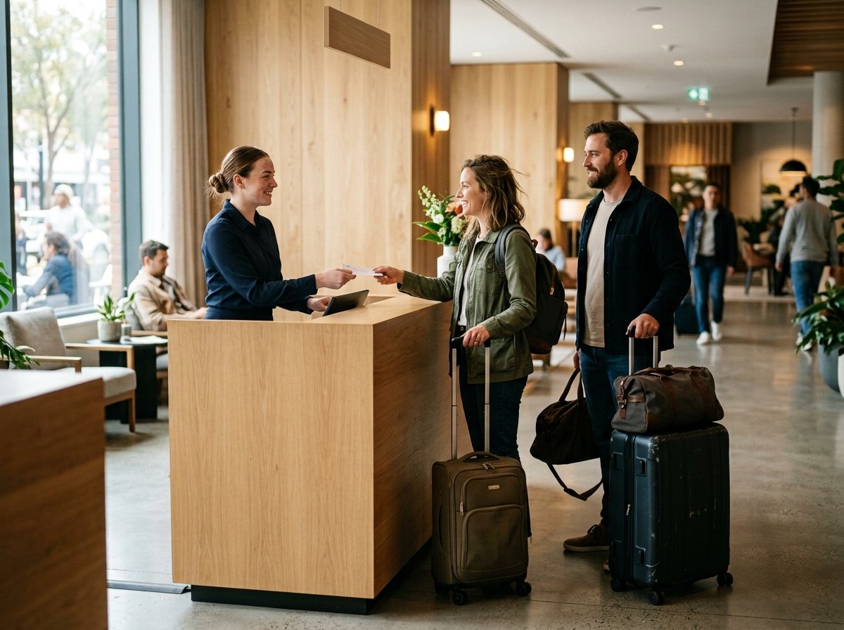 Hotel front desk team welcoming guests