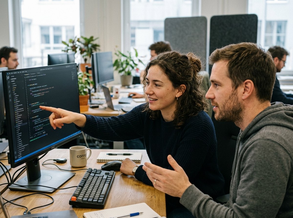 Software engineers reviewing code